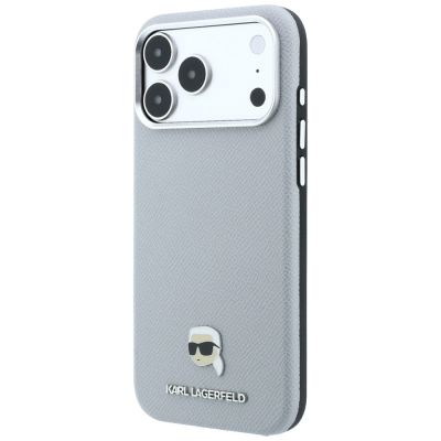 2. Karl Lagerfeld Grained Karl Head Metal MagSafe Case for iPhone 18 Pro / 17 Pro - Gray