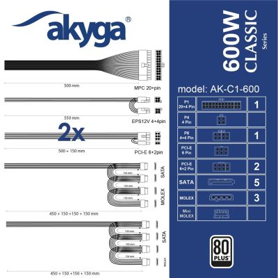 6. Akyga AK-C1-600 Power Supply Module 600W 24-pin ATX ATX Black