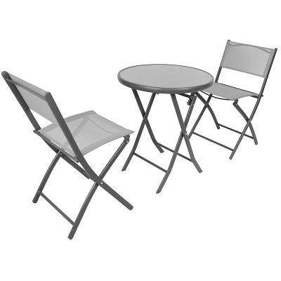 12. BALCONY FURNITURE SET ROUND TABLE AND 2 FOLDING CHAIRS GRAY
