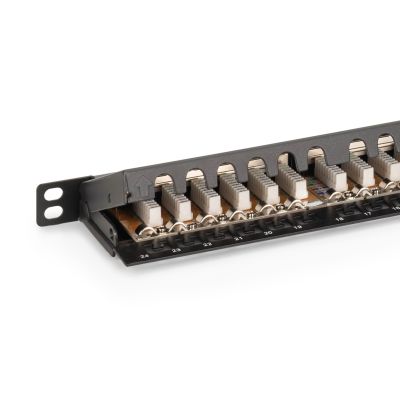 11. High density patch panel 19'' 24x RJ45, LSA level, cat.6, shielded, 0.5U, black, cable guide