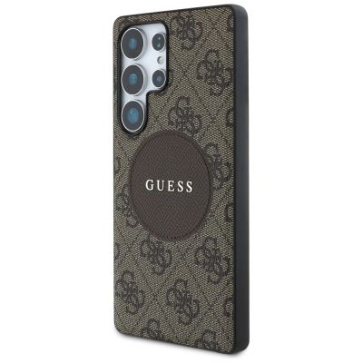 2. Guess 4G Round Patch Classic Logo MagSafe Case for Samsung Galaxy S25 Ultra Brown