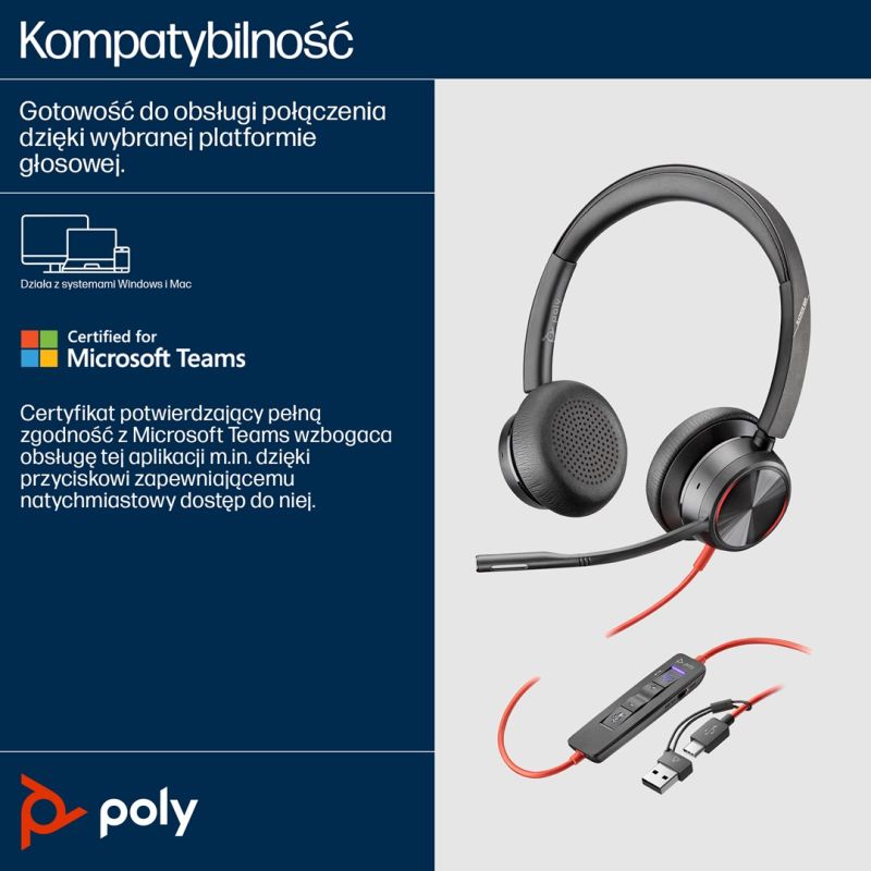 138. POLY Blackwire 8225 Stereo 8X225AA USB-C Headset with Microsoft Teams Certification + USB-C/A Adapter