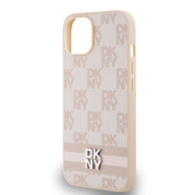 10. DKNY Leather Checkered Mono Pattern & Printed Stripes case for iPhone 15 / 14 / 13 - pink