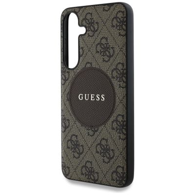 6. Guess 4G Round Patch Classic Logo MagSafe Case for Samsung Galaxy S25 Plus Brown