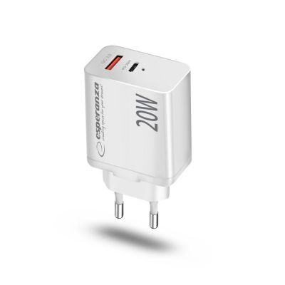 3. ESPERANZA 20W USB-C PD 20W / USB-A QC 3.0 18W MAINS CHARGER, WHITE EZC105W