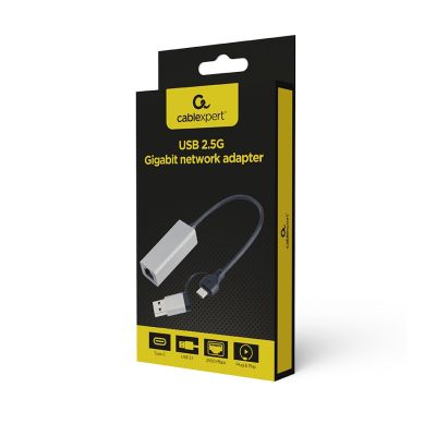 2. GEMBIRD NETWORK CARD USB 3.1 + TYPE-C TO LAN 2.5GB/S GRAY