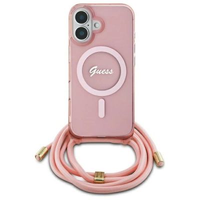 Guess Crossbody Cord Script MagSafe iPhone 16 Case - Pink