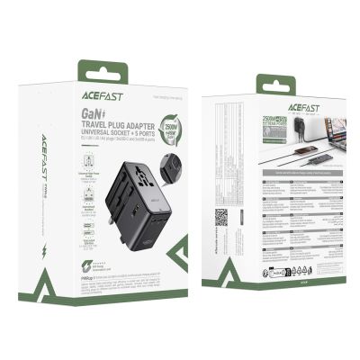 8. Acefast Z8 GaN 45W Travel Adapter 3x USB-C + 2x USB-A Travel Wall Charger with 2500W AC Socket - Black