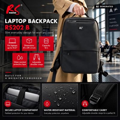 2. NANORS LAPTOP BACKPACK, 15.6", BLACK, 41X29X4, WATERPROOF RS202 B RS202 B