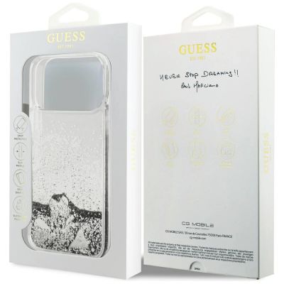8. Guess Liq case. Glitter Charms for iPhone 17 Pro Max - silver