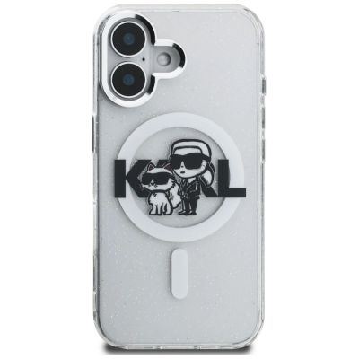 3. Karl Lagerfeld IML Glitter Karl & Choupette Sketch Logo MagSafe Case for iPhone 16 - Transparent