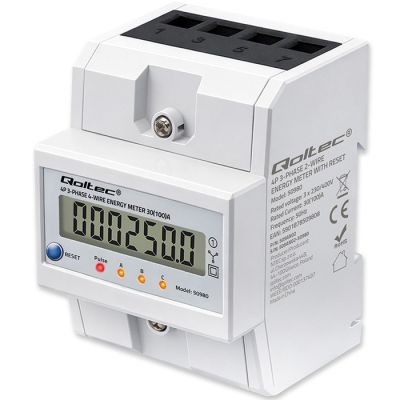 29. Qoltec 50980 Three-phase electronic meter with reset | DIN rail energy meter | 400V | 100A | LCD | LED | 4P
