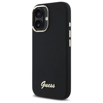 2. Guess Silicone Script Metal Logo & Frame Case for iPhone 16 - Black