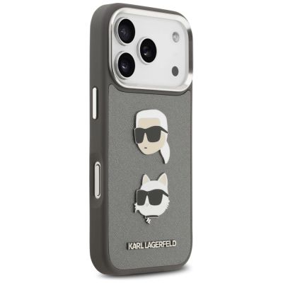 4. Karl Lagerfeld FW Grained Karl & Choupette Heads Pins & Logo iPhone 17 Pro Case - Gray