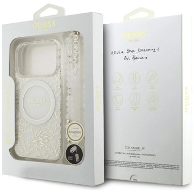 8. Guess IML Flowers Allover Electroplated with Pearl Strap MagSafe Case for iPhone 18 Pro / 17 Pro - White