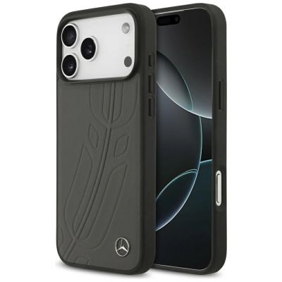 Mercedes Leather Large Laurel Leave MagSafe Case for iPhone 17 Pro Max - Black and Gray
