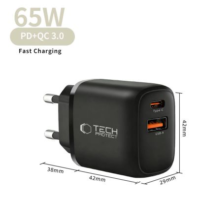 4. Tech-Protect NCA65W-GAN PD 65W / QC3.0 2-Ports Wall Charger - Black