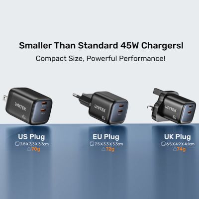 19. UNITEK 2X GAN 45W CHARGING UNIT, 2XUSB-C PD 3.0, QC, BLACK