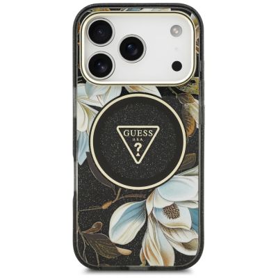3. Guess IML Glitter Flowers Triangle MagSafe Case for iPhone 17 Pro / 18 Pro - Black