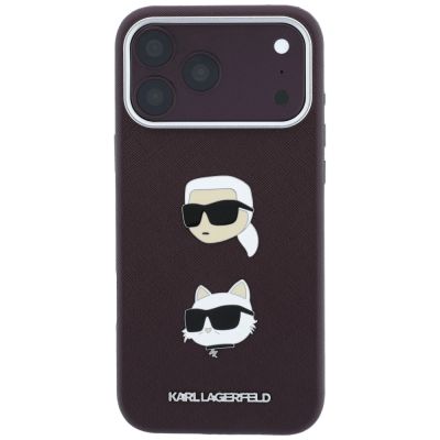 3. Karl Lagerfeld Saffiano with Karl & Choupette Heads Pins & Logo case for iPhone 18 Pro / 17 Pro - burgundy