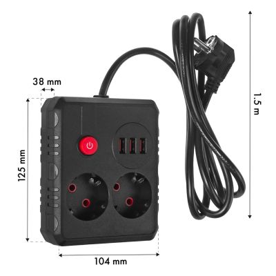 7. MACLEAN POWER STRIP, EXTENSION CORD 2 OUTLETS + 3XUSB, 110-240V AC 50/60HZ, 2.1A MAX 2500W, 1.5M, BLACK MCE387 B