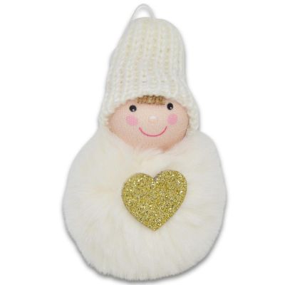 8. DECORATIVE DOLL WITH A HEART 8 CM IN A HAT AND FUR WHITE