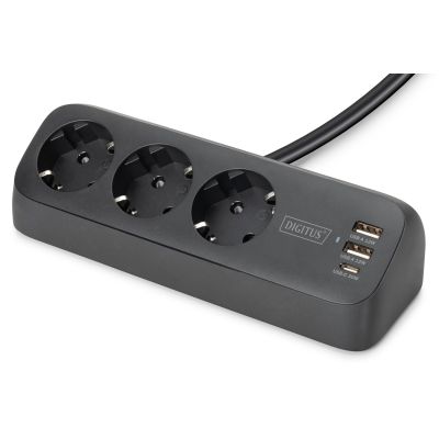 4. Digitus 3-Way Office Power Strip with 2 USB-A and 1 USB-C Ports, Black
