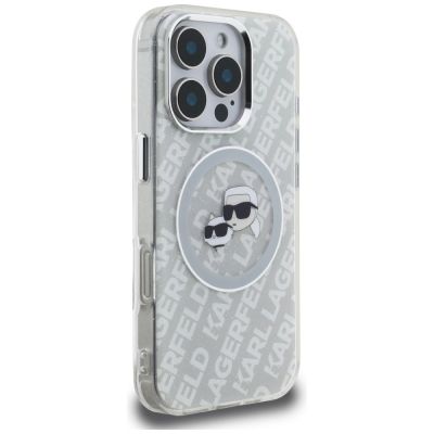 4. Karl Lagerfeld IML Glitter Karl & Choupette Heads Logo MagSafe Case for iPhone 16 Pro - Gray