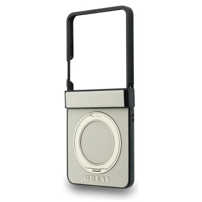 5. Guess Magnetic Ring Stand Grained Classic Logo MagSafe case for Samsung Galaxy Z Flip 8 - beige