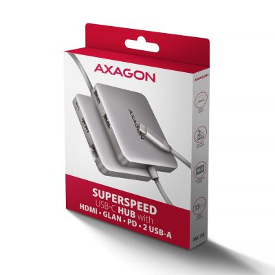 7. Axagon N HMC-5HL USB 5 Gbps hub, 2x USB-A, HDMI 4K/60 Hz, RJ-45 GLAN, PD 100 W, USB-C cable, wired, USB 3.2 Gen 1 (3.1 Gen 1) Type-C, Silver