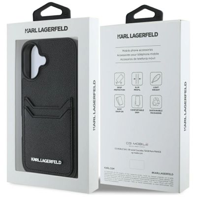 8. Karl Lagerfeld HC Grained PU Cardslot Metal Elong iPhone 16 Case - Black