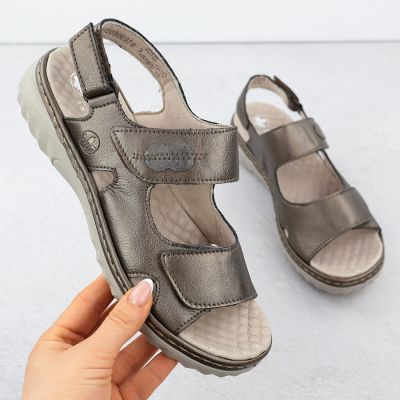 Women's leather sandals with Velcro, metallic brown, Rieker 60462-90