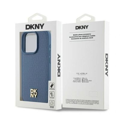 11. DKNY Leather Monogram Pattern Metal Logo MagSafe Case for iPhone 15 Pro - Blue