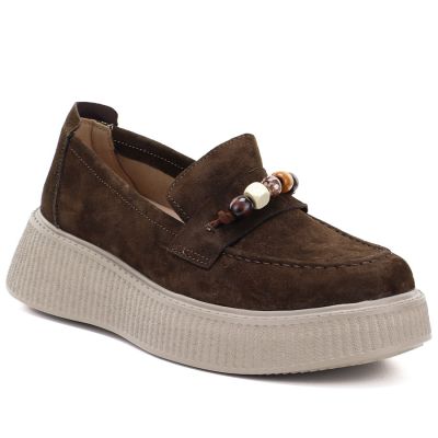Women's leather platform moccasins with beads, brown, Vinceza 79649
