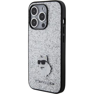 2. Karl Lagerfeld Fixed Glitter Choupette Logo Metal Pin Case for iPhone 15 Pro Max - Silver