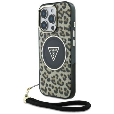 Guess HC IML Leopard Triangle Cord Strap MagSafe Case for iPhone 16 Pro - Brown