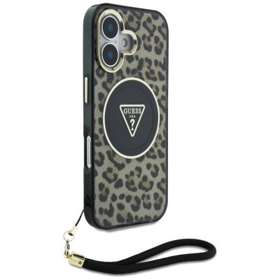 3. Guess HC IML Leopard Triangle Cord Strap MagSafe iPhone 16 Case - Brown