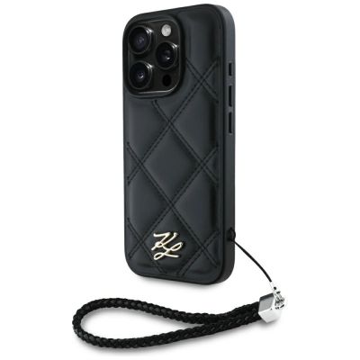 Karl Lagerfeld Quilted Initial Logo & Chain Strap iPhone 16 Pro Case - Black