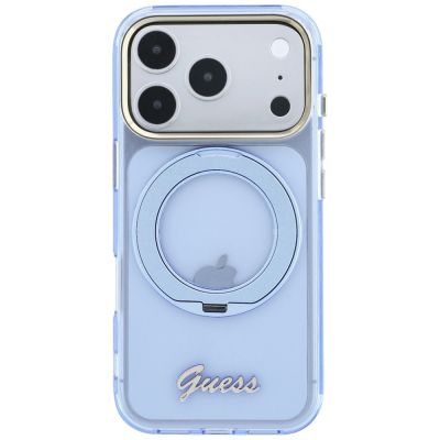 4. Guess IML Ring Stand 360 Script Metal Logo MagSafe Case for iPhone 17 Pro / 18 Pro - Light Blue