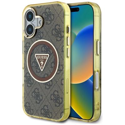 Guess IML Metal Glitter 4G Circle Triangle MagSafe Case for iPhone 16 - Brown