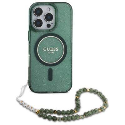 2. Guess IML Glitter With Pearl Strap MagSafe case for iPhone 16 Pro Max - green