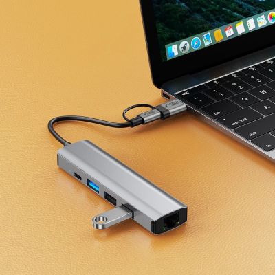 8. Tech-Protect HB03 HUB Adapter 5in1 USB-C + USB2.0 + USB3.0 + RJ45 - gray