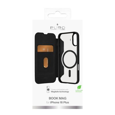 2. Puro Book Mag MagSafe Leather Case with Flap and Card Slot for iPhone 16 Plus - Black