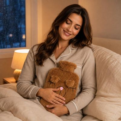 5. RUBBER HOT WATER BOTTLE 1.75L IN ANIMAL COVER - BROWN