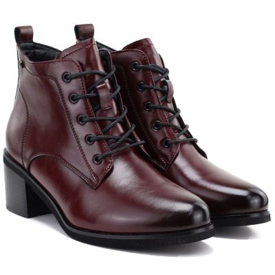 5. Women's leather lace-up high-heeled ankle boots, burgundy, Vinceza EN27-133107