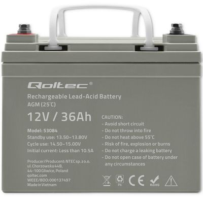 4. Qoltec AGM Battery | 12V | 36Ah | Maintenance-free | Efficient | LongLife | for UPS, scooter
