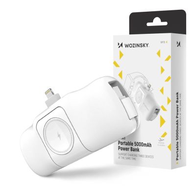 13. Wozinsky WF16-YLS 5000mAh 15W Lightning Mini Power Bank with Built-in USB-C Cable and Apple Watch Charger - White