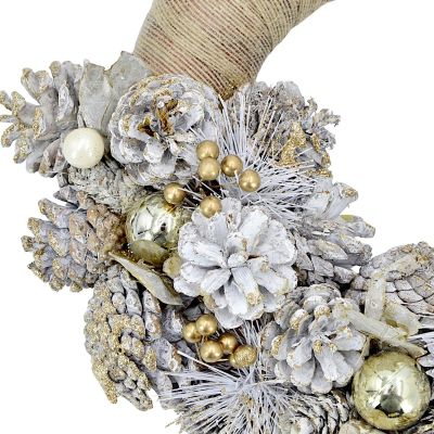 3. DECORATIVE HALF WREATH 34 CM GOLD WITH PINE CONES AND BAUBLES MICA