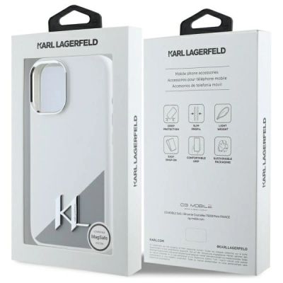 8. Karl Lagerfeld Silicone Initial Metal Logo MagSafe iPhone 16 Case - White