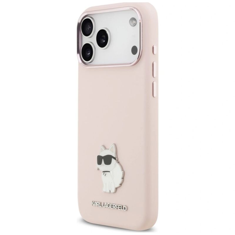 2. Karl Lagerfeld Silicone Choupette Metal Pin Case for iPhone 18 Pro Max / 17 Pro Max – Pink